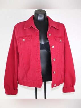 Crossroads Size Large Cotton Boxy cropped Women's Classic Red Denim Jacket